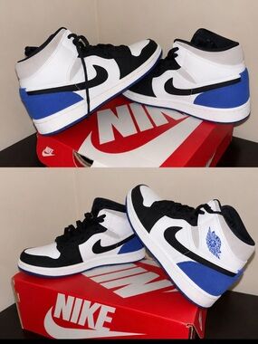Nike White Black Blue Mid-Top Basketball Sneakers
